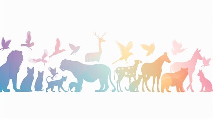 A colorful line of animals, including a dog, cat, bird, and bear