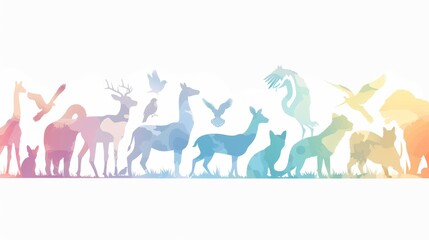 A colorful line of animals, including a dog, cat, bird, and bear