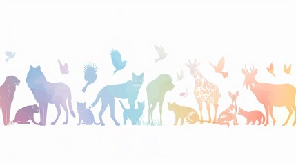 A colorful line of animals, including a dog, cat, bird, and bear
