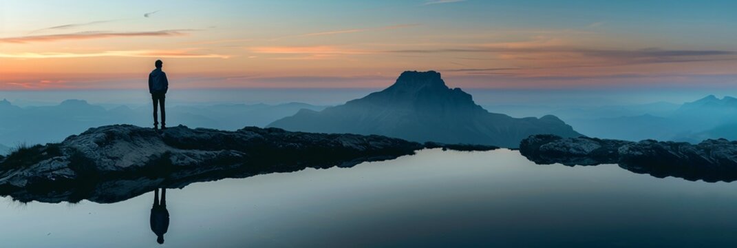 Lone figure mountain zenith outlined fading sunlight silent witness reflection peace