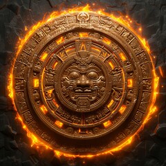 A mayan calendar with fire on it.