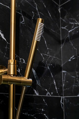 Modern bathroom interior with marble walls and a golden shower on the wall.