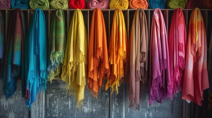 Brightly colored scarves arranged in an organizer, captured in a high-res, cinematic portrait against a muted gray setting, emphasizing color and order
