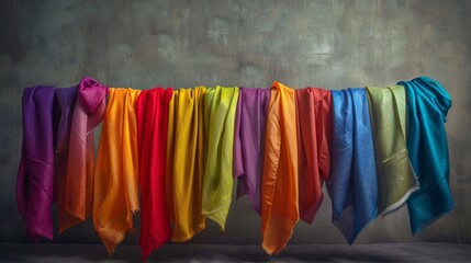 Brightly colored scarves arranged in an organizer, captured in a high-res, cinematic portrait against a muted gray setting, emphasizing color and order