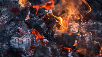 Close-up of glowing embers and fiery flames in a charcoal fire, capturing the raw energy and warmth in high-definition, ideal for backgrounds or concepts relating to heat and combustion