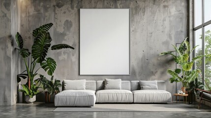 Modern living room interior with a blank poster on the wall, plants, and furniture on a concrete background, mockup concept. Generative AI realistic