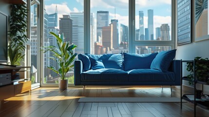 Modern living room interior with blue sofa, wooden floor, and cityscape view, contemporary home design, 3D Rendering. realistic