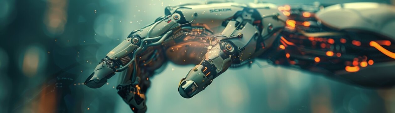 The image shows a close-up of a robotic hand