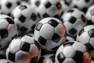 A multitude of classic black and white soccer balls fill the frame, creating a repeating pattern and texture