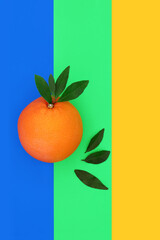 Orange citrus fruit for good health abstract design on yellow, blue, green background. High in bio flavonoids, antioxidants, vitamin c for immune system boost.