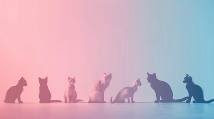 A group of cats are sitting in a row, with some of them looking at the camera