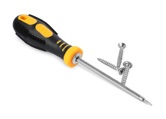 Screwdriver with black handle and screws isolated on white