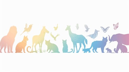 A colorful line of animal silhouettes, including a giraffe, a cat, a deer
