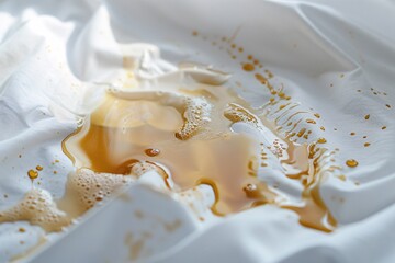 Intimate macro perspective of coffee stains on a white t-shirt, capturing the essence of the spills