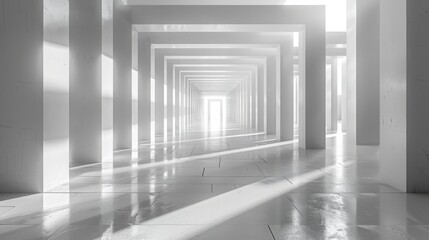 The image shows a long, empty hallway with white walls and a shiny floor. The hallway is lit by a bright light at the end of the hall.
