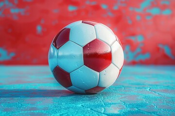 A vibrant image capturing a shiny red and white soccer ball against a contrasting blue textured...