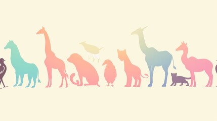 A colorful drawing of many different animals, including a giraffe, a dog, a cat