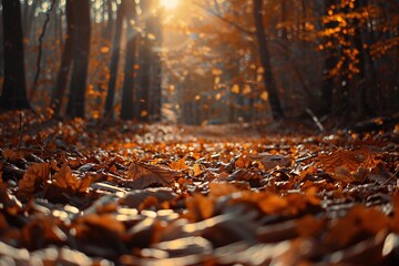 Golden sunlight filtering through autumn leaves, casting warm hues and delicate shadows in the peaceful forest - Powered by Adobe