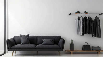 Interior of living room with black sofa and clothes ra