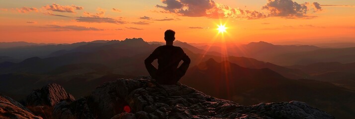 Figure mountain crest silhouetted setting sun solitary moment awe serenity
