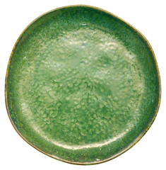 Top view of green empty plate with wavy edge. Modern style textured plate on transparent background. Free space for text.