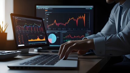 Analyst Works on Personal Computer Showing business analytics dashboard with charts, metrics and KPI to analyze performance and create insight reports for operations management. Data analysis concept 