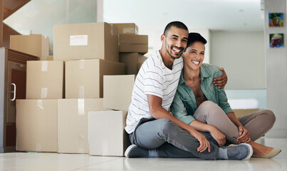 Happy couple, portrait and moving to new home with boxes for property investment, real estate or...