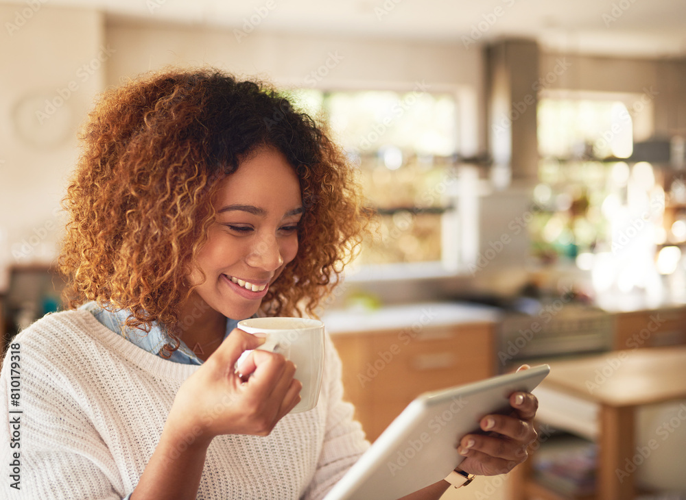 Poster Woman, tablet and smile with coffee in home for communication, break and social media post. Technology, female person or remote worker browsing internet for online news, reading blog or research