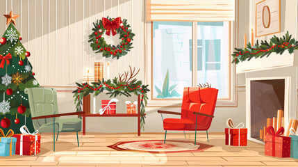 Interior of living room with Christmas wreath armchair