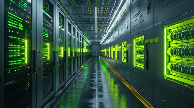 Realistic Image of a Lime Green Battery Bank in a Sustainable Energy Storage Facility