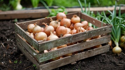 Freshly picked onion in wooden box in the field or greenhouse