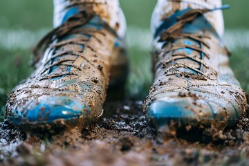 Close-up shot of muddy and well-used soccer cleats