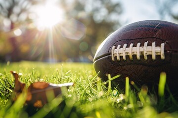 Close-up shot of a football resting on fresh, sunlit grass