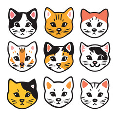 Set nine cute cat faces, various fur patterns, handdrawn cartoon style white background. Feline faces illustrations, simple lines, facial expressions, domestic animals. Cat heads collection