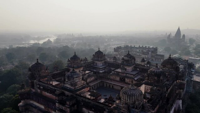 Drone shot  Jahangir Mahal Inside Orchha Fort Complex, Orchha, Madhya Pradesh, India 