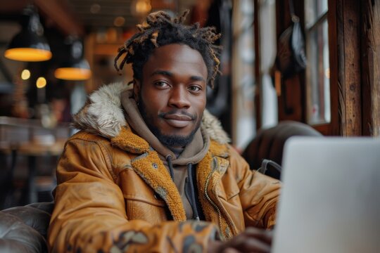 An engaging young man smiling at the viewer while working on his laptop at a cafe