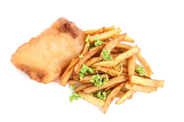 Tasty fish, chips and peas isolated on white, top view