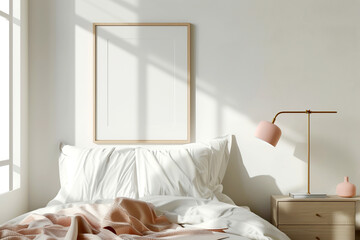 Frame mock-up in a bedroom interior, bed, lamp, pillows and blanket, room in light pastel colors,