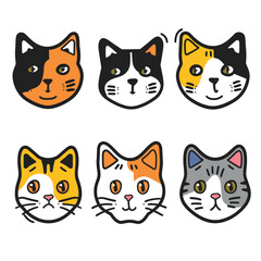 Six cute cartoon cat faces various colors patterns. Handdrawn style domestic feline portraits, artistic design. Animal emojis expressing different personalities, simplified feline features