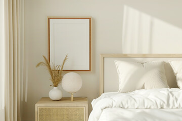 Frame mock-up in a bedroom interior, bed, lamp, pillows and blanket, room in light pastel colors,