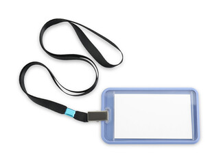 Blank blue badge with string isolated on white, top view