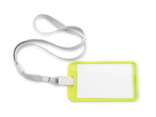 Blank yellow badge with string isolated on white, top view