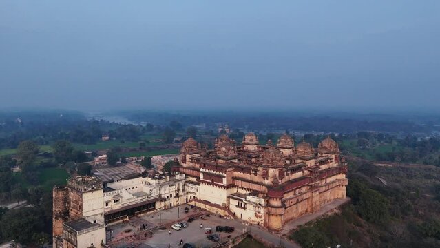 Drone shot  Jahangir Mahal Inside Orchha Fort Complex, Orchha, Madhya Pradesh, India 