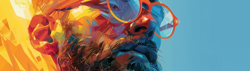 Obraz premium This is an image of a man's face. The man is wearing glasses and has a beard. The man's face is on fire. The background is blue.