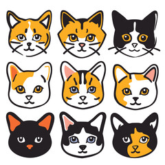 Collection cute cat faces, different breeds fur patterns, cartoon style, pet characters set. Cat expression icons, feline heads colorful graphic, isolated white background animal designs. Nine