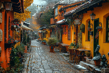 Fototapeta premium A charming cobblestone street lined with quaint cafes and colorful facades, evoking a sense of old-world charm. Concept of nostalgic beauty. Generative Ai.