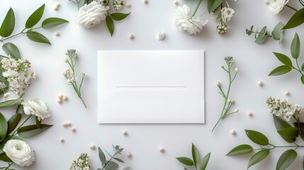 White flowers and green leaves frame a blank white note card. Pearls and other small objects...