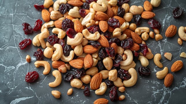 nut and fruit snack display, assorted almonds, cashews, and cranberries displayed on marble surface, creating a delightful mix of nuts and dried fruits for snacking