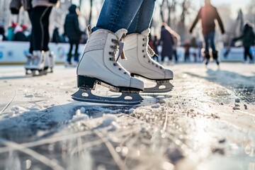 Captivating close-up of a pair of ice skates slicing through the ice on a bustling ice rink