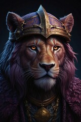 Echoes of the Shadow Realm: Symmetrical Portrait of a Lion in Ornate Bat-Winged Helmet, Embracing Dark Fantasy with Violet and Pink Vibrant Tapestry Elements